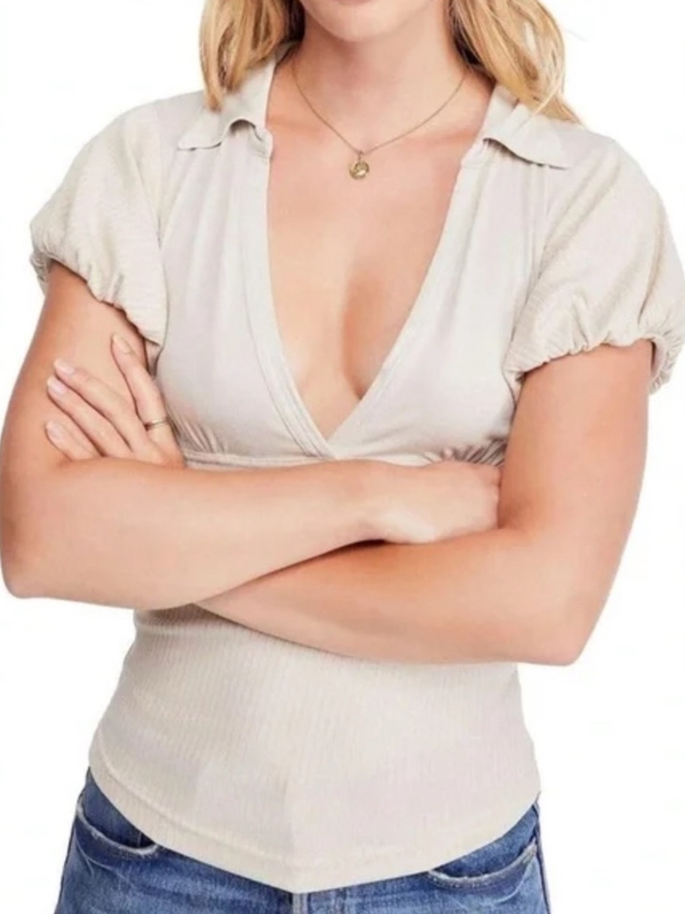 Free People Molly Collered Tee Plunge V-Neck Beige Short Puff Sleeve Camisole